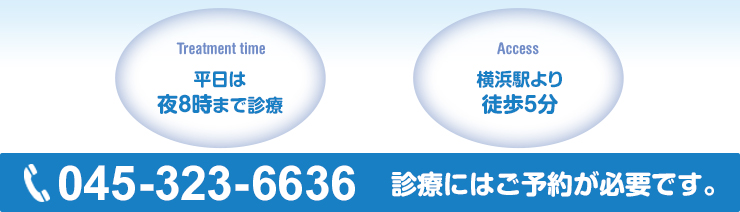 平日は夜8時まで診療。横浜駅より徒歩5分。診療にはご予約が必要です。電話番号は045-323-6636。